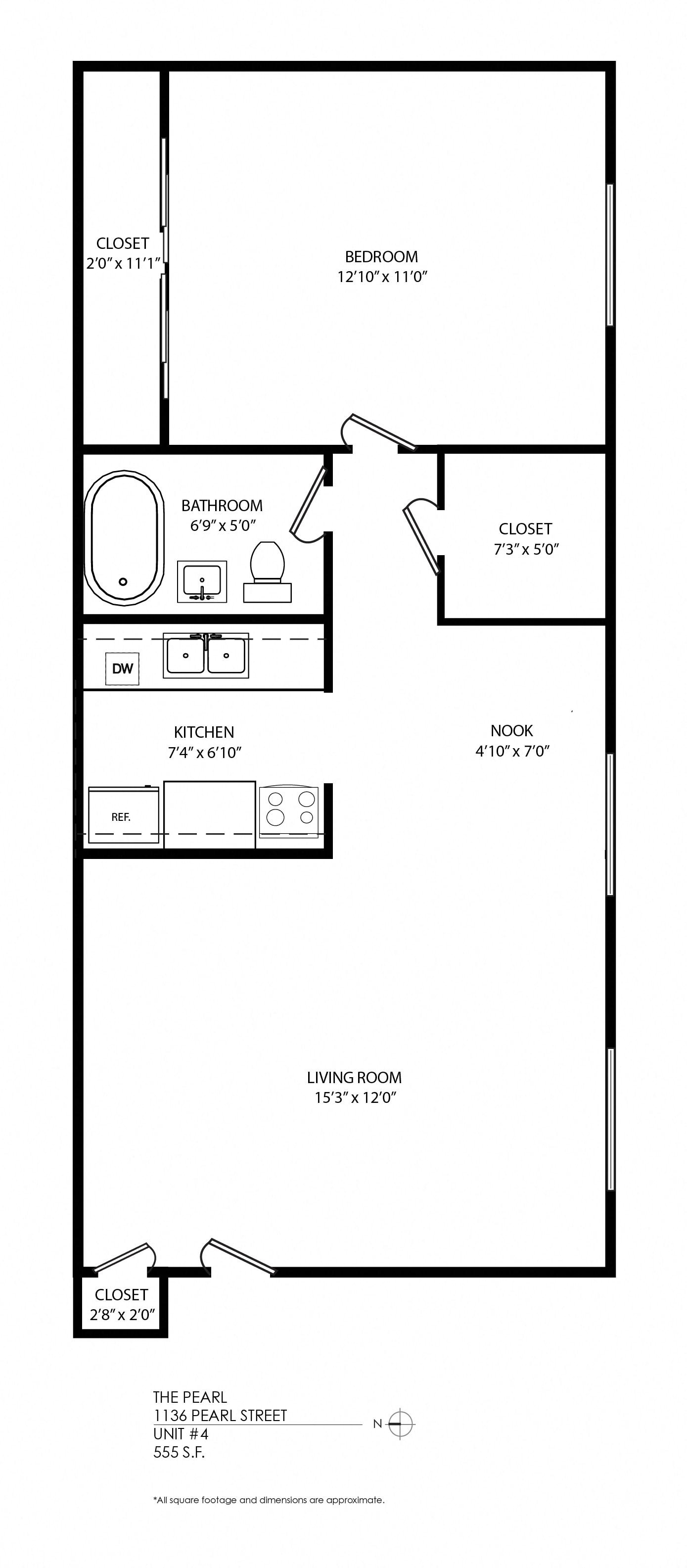 Floor plan for 1 bed, 1 bath, 560 sqft